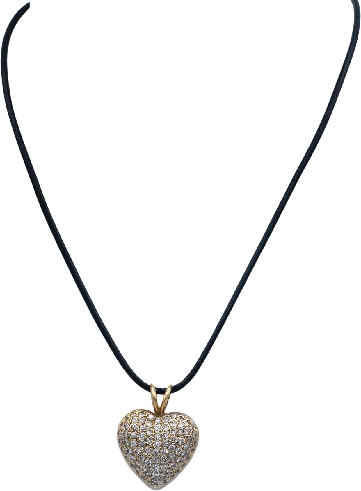 14k Yellow Gold 1.45CT Round Cut Diamond Cluster Puffy Heart Pendant Necklace