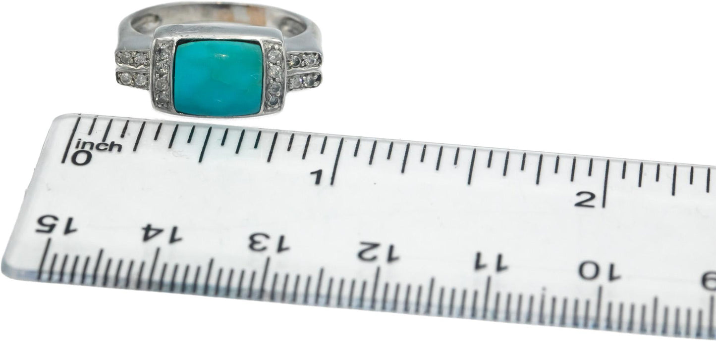 14k White Gold 0.10CT Round Cut Diamond and Cabochon Turquoise Ring Size 7.25