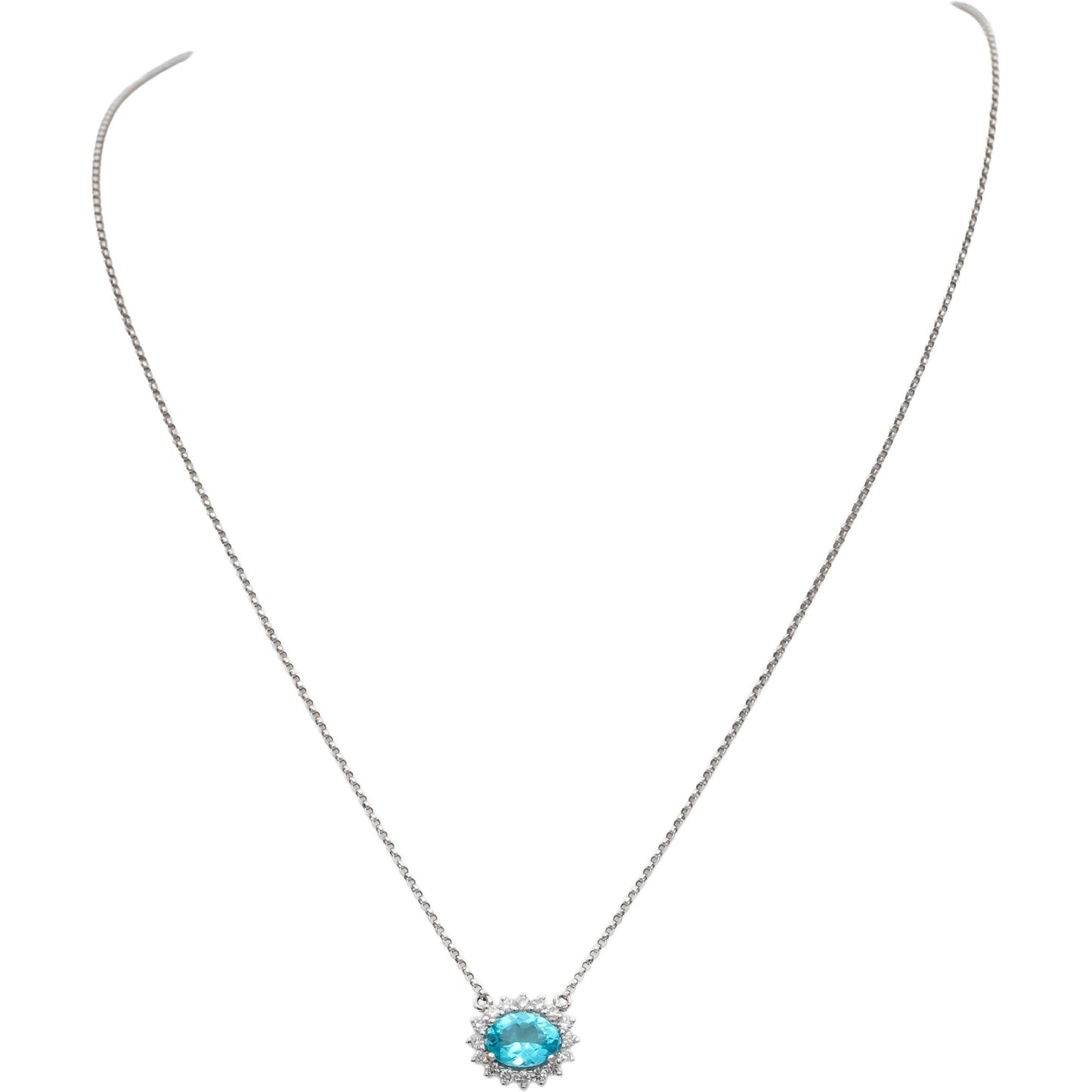 Diamond and Synthetic Blue Stone 18k White Gold Halo Pendant Necklace 0.25CT