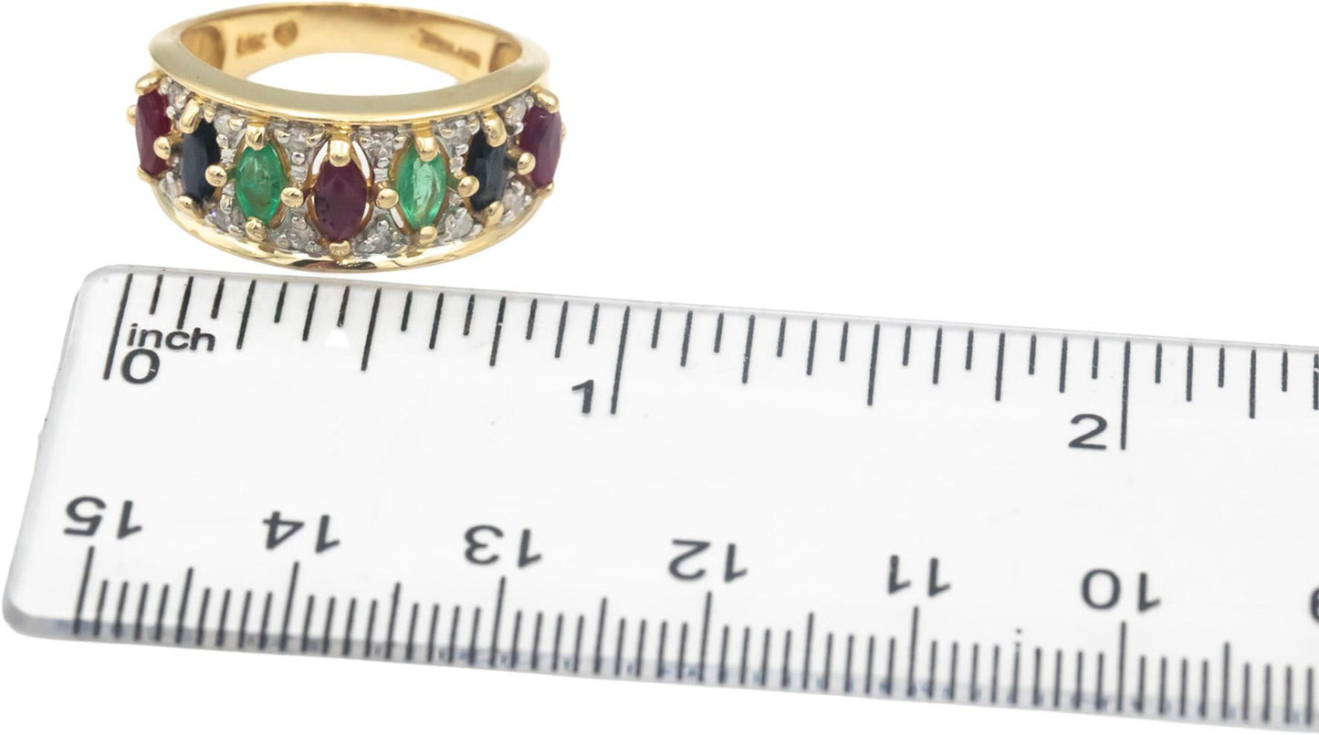 14k Yellow Gold 1.20CT Diamond Ruby Emerald Sapphire Cocktail Ring Size 7