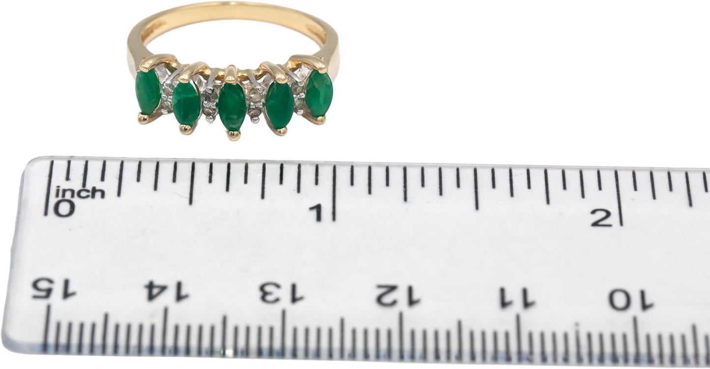 Round Diamond & Marquise Emerald 14k Yellow Gold Band Ring 0.60CT Size 7