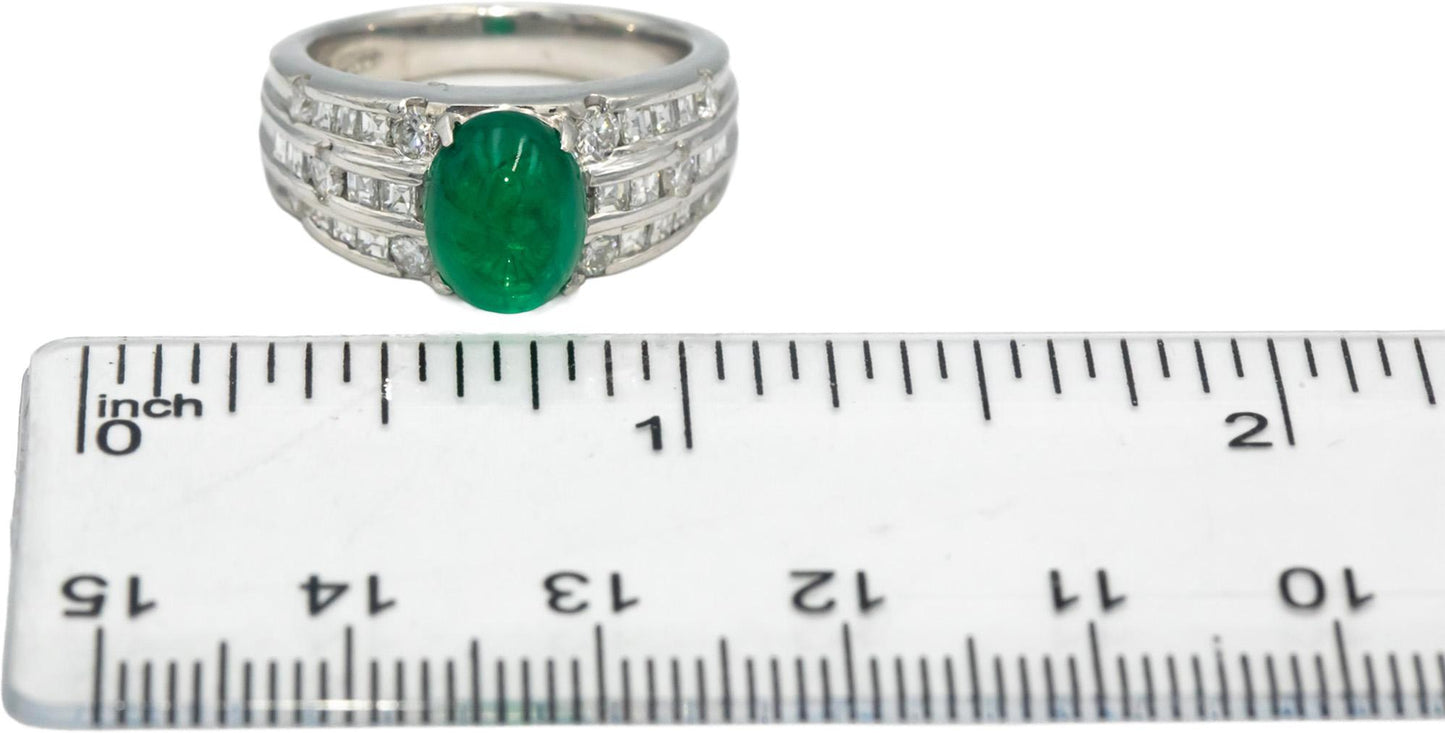 Platinum Cabochon Emerald Round & Carre Cut Diamond Ring 3.32CT Size 6