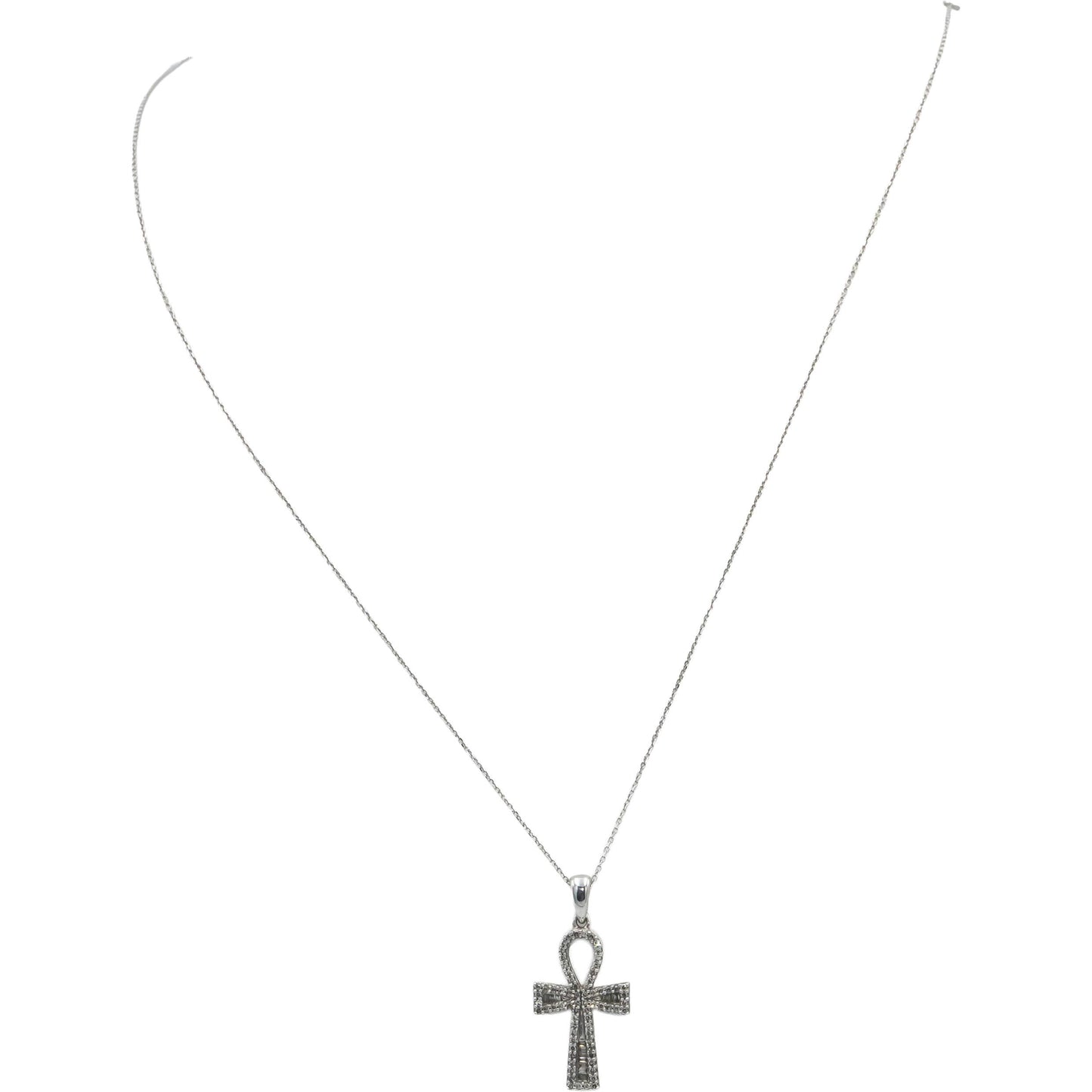 10k White Gold Round & Baguette Cut Diamond Anhk Cross Pendant Necklace 0.25CT