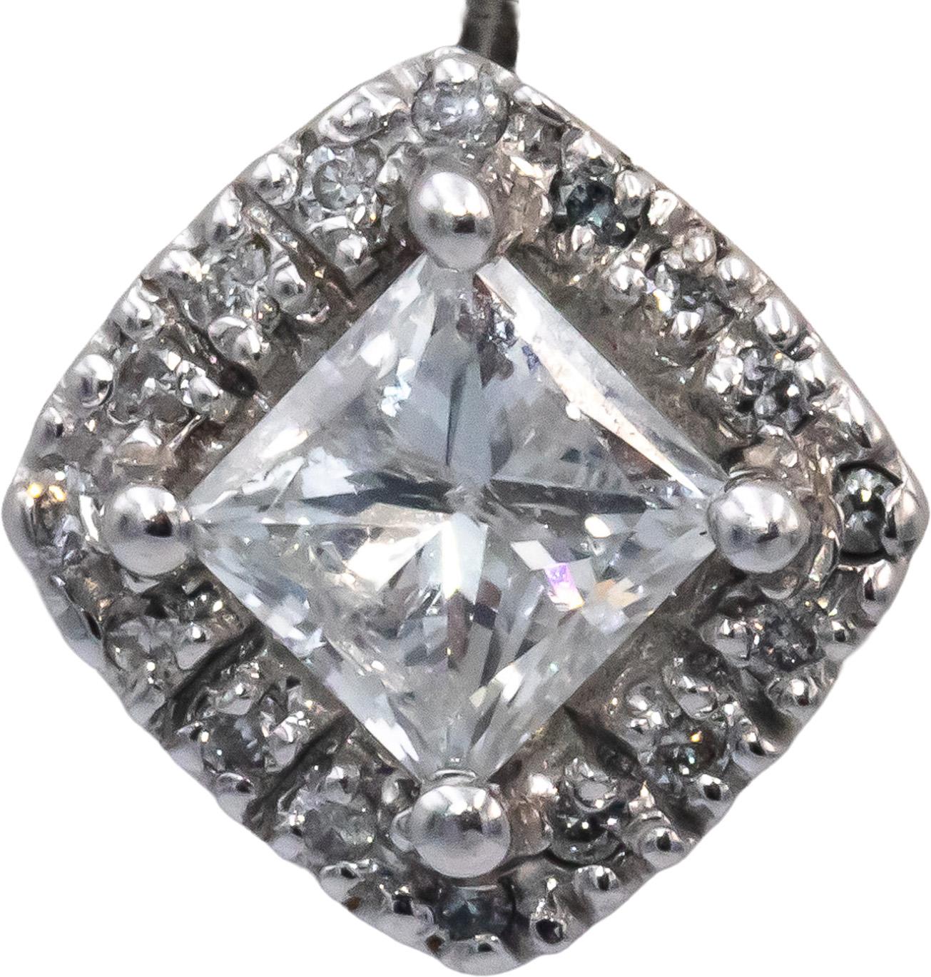 14k White Gold Princess & Round Diamond Stud Earrings 1.74CT w/ 1.54CT Centers