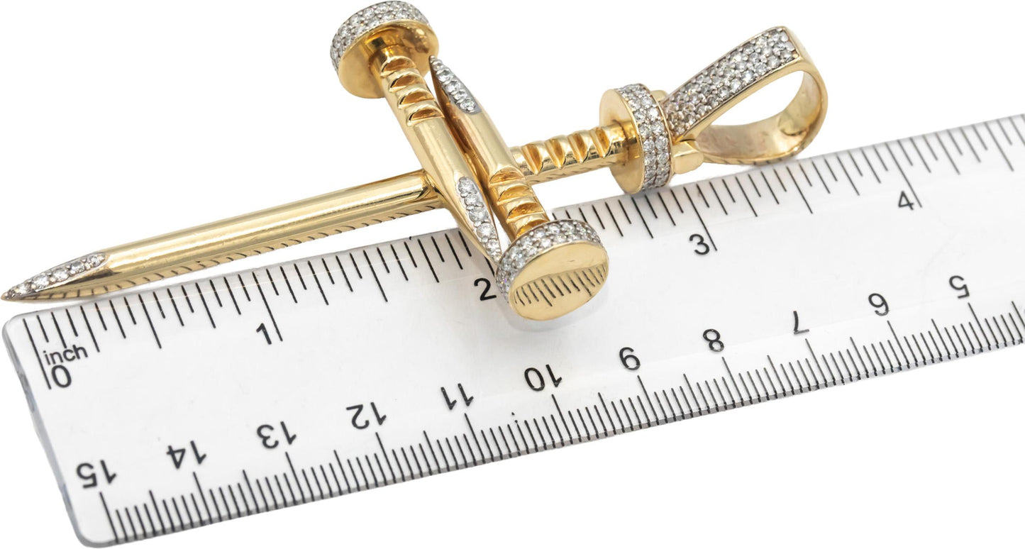14k Yellow Gold VS Round Diamond Nail Cross Crucifix Pendant 2.0CT