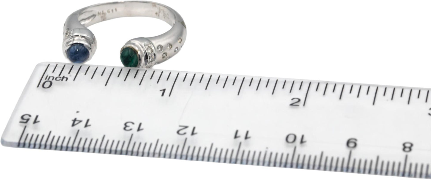 18k White Gold Cabochon Emerald Sapphire Round Diamond Bypass Ring 0.52CT