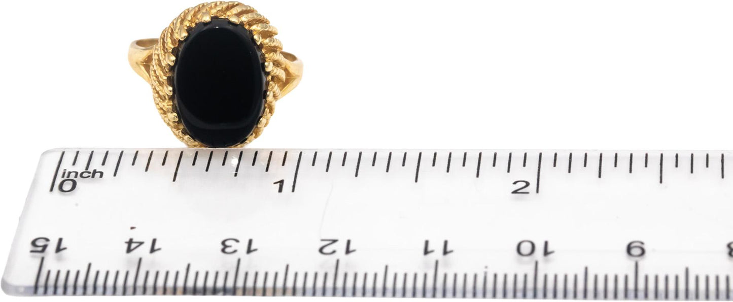 14k Yellow Gold Oval Cabochon Onyx Solitaire Cocktail Ring Size 7.5