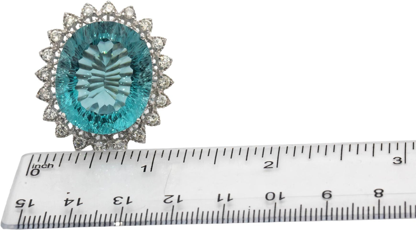 14k White Gold Oval Fantasy Cut Aquamarine & Round Diamond Cocktail Ring 36.0CTW