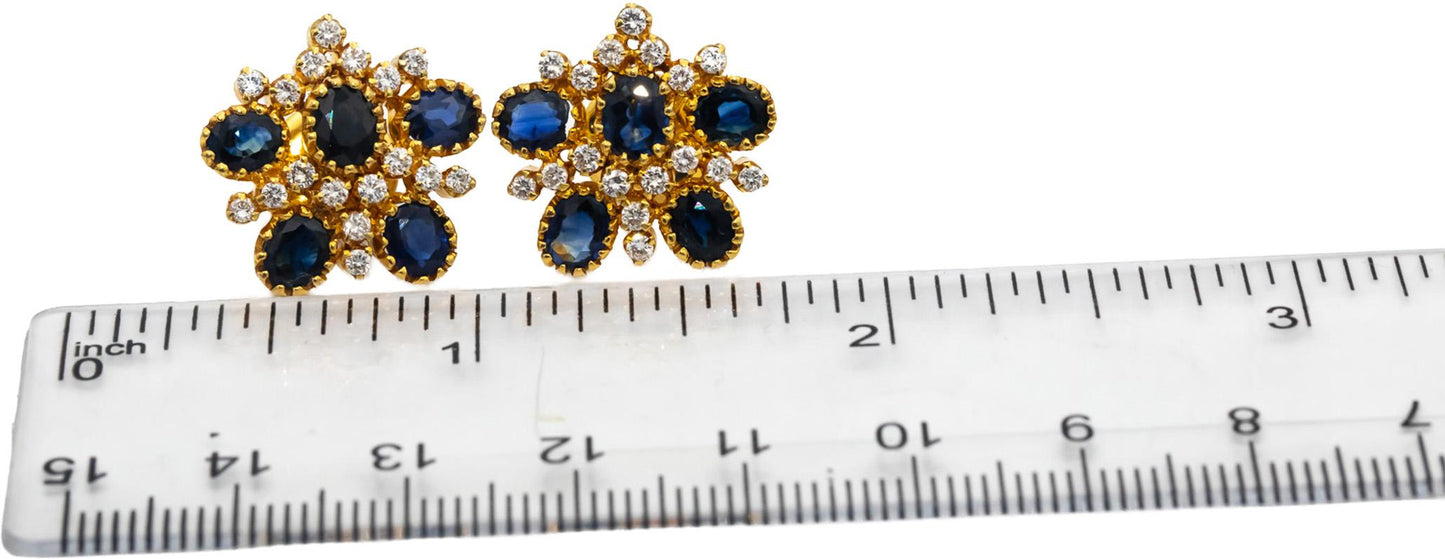 18k Yellow Gold VS Round Diamond & Oval Sapphire Screw Back Stud Earrings 2.85CT