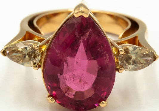 14K Yellow Gold Rubellite and Diamond Pear Shape 3 Stone Ring 8.90CT Size 6.5