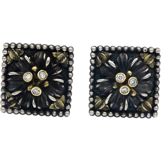 STAMBOLIAN 18k Gold Sterling Silver 0.17CT Diamond Floral Square Earrings