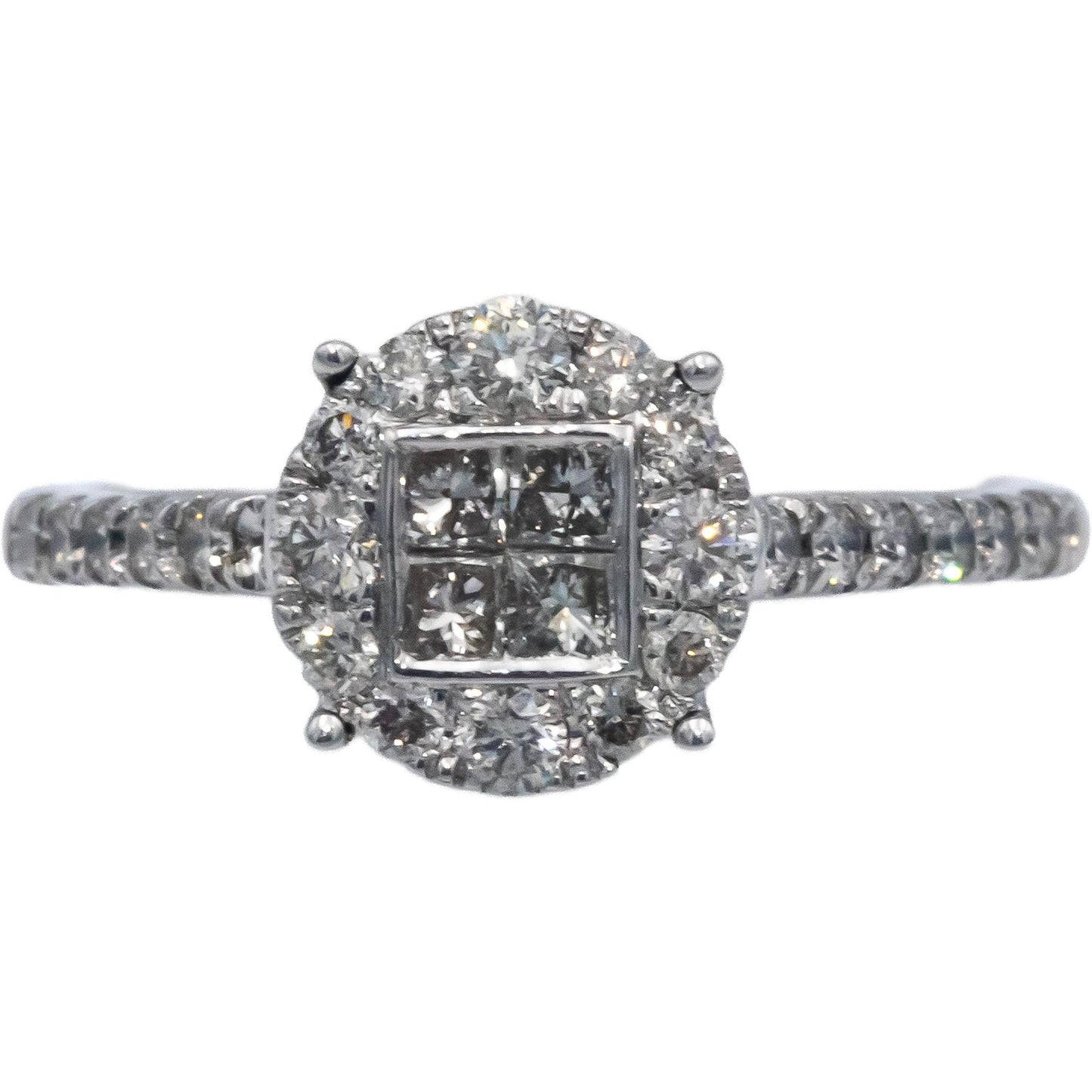 10k White Gold Princess and Round Diamond Halo 0.75CT Ring Size 7