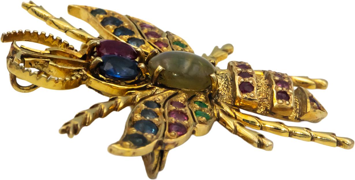 14k Yellow Gold Cats Eye Ruby Emerald Sapphire Fly Insect Pendant Brooch Pin