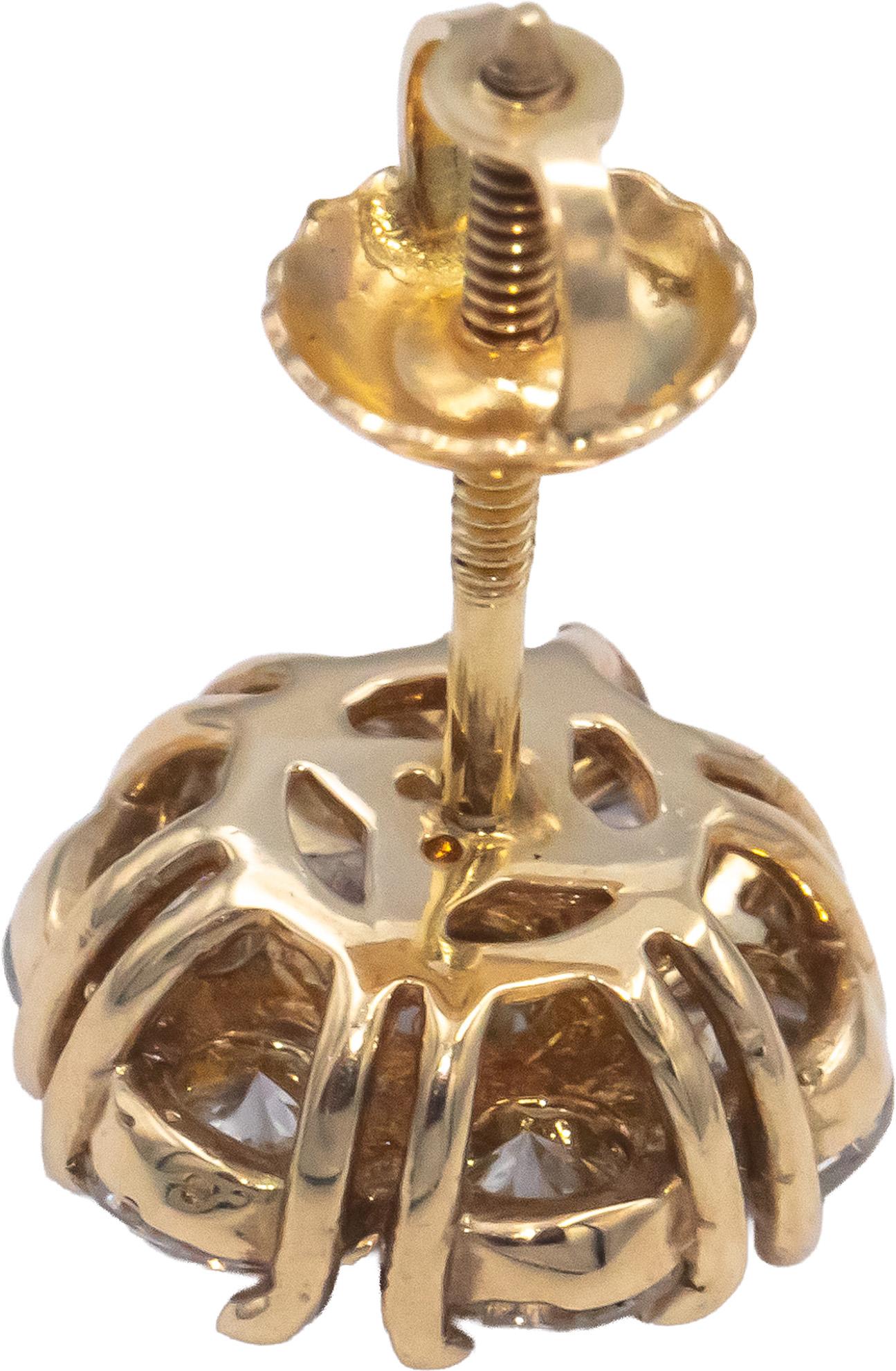 Round Diamond 14k Yellow Gold Flower Cluster Stud Screw Back Earrings 2.20CT