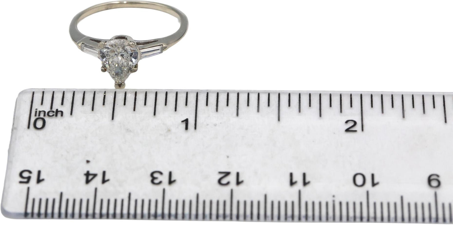 14k White Gold Pear & Baguette Cut Diamond Engagement Ring 0.89CT Size 6