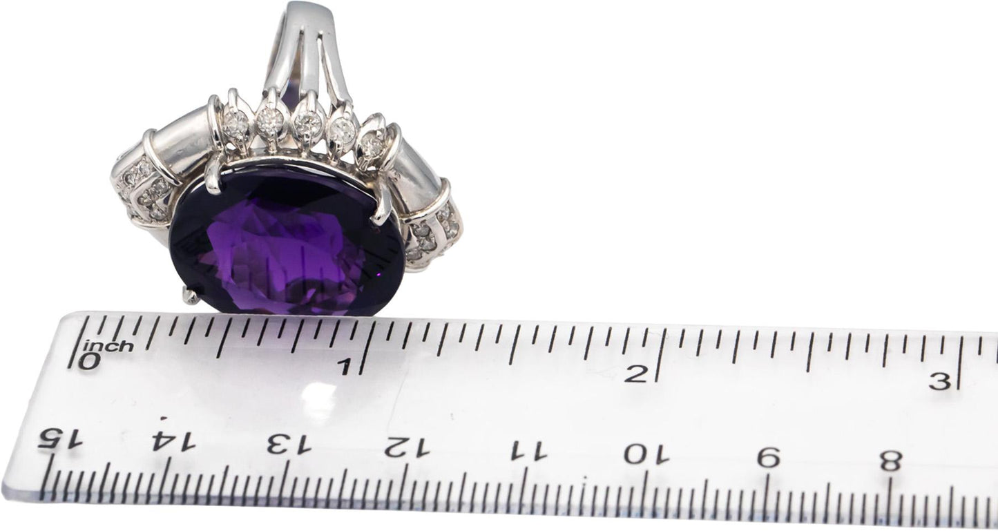 18k White Gold Oval Cut Amethyst Round Diamond Cocktail Ring 23.50CT Size 9