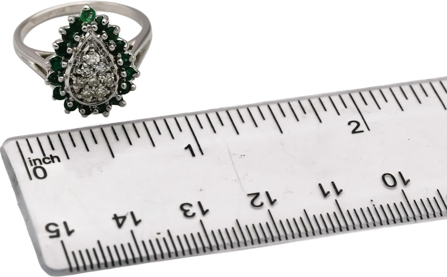 Vintage 14k White Gold Diamond & Emerald Cluster Cocktail Ring 0.61CT Size 8.25