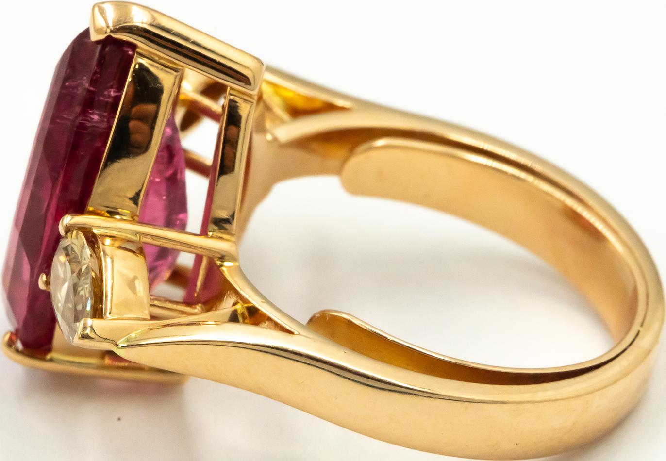 14K Yellow Gold Rubellite and Diamond Pear Shape 3 Stone Ring 8.90CT Size 6.5