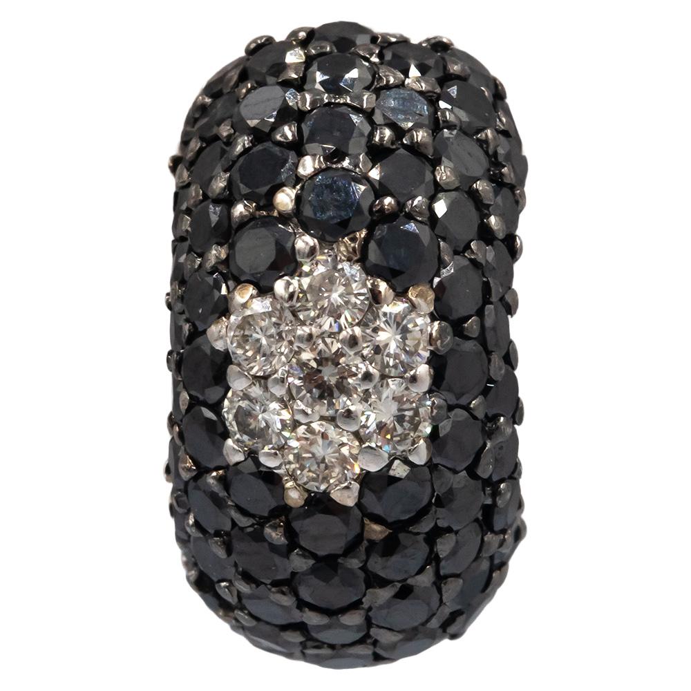18k White Gold 4.45CT White and Black Diamond Cluster Curved Huggie Earrings