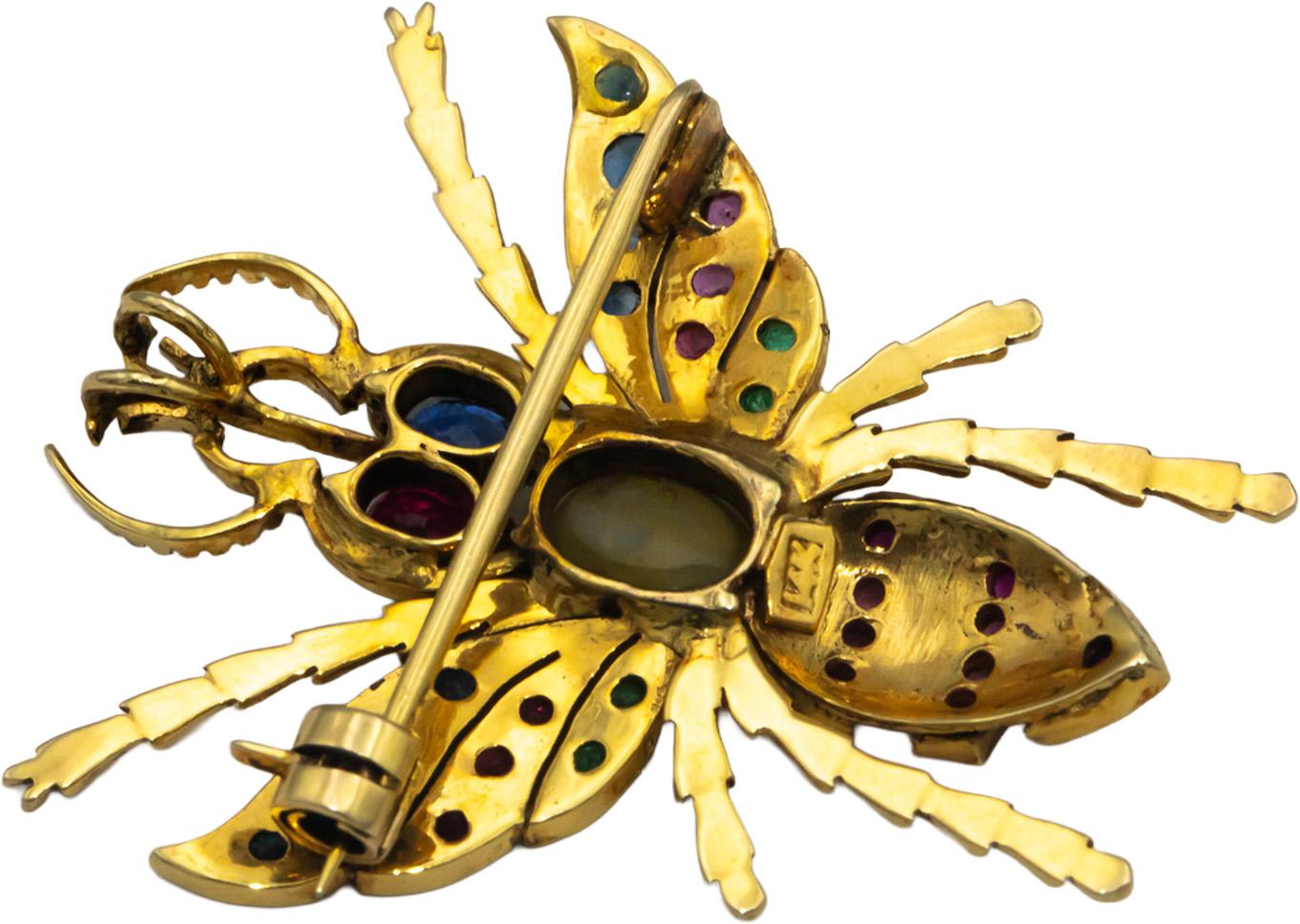 14k Yellow Gold Cats Eye Ruby Emerald Sapphire Fly Insect Pendant Brooch Pin