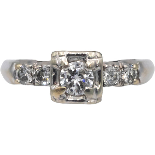 Vintage Antique 14k White Gold 0.50CT Diamond Ring w/ 0.20CT Center Size 7