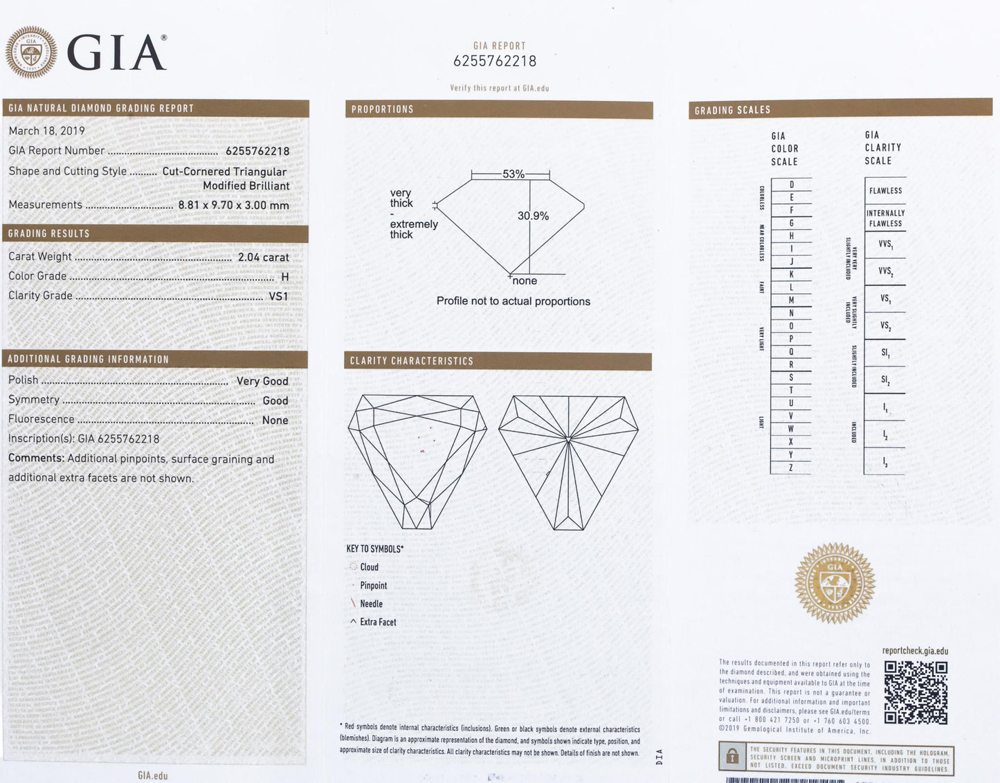 GIA Certified Trillion Shape Loose Diamond VS1/H 2.04CT