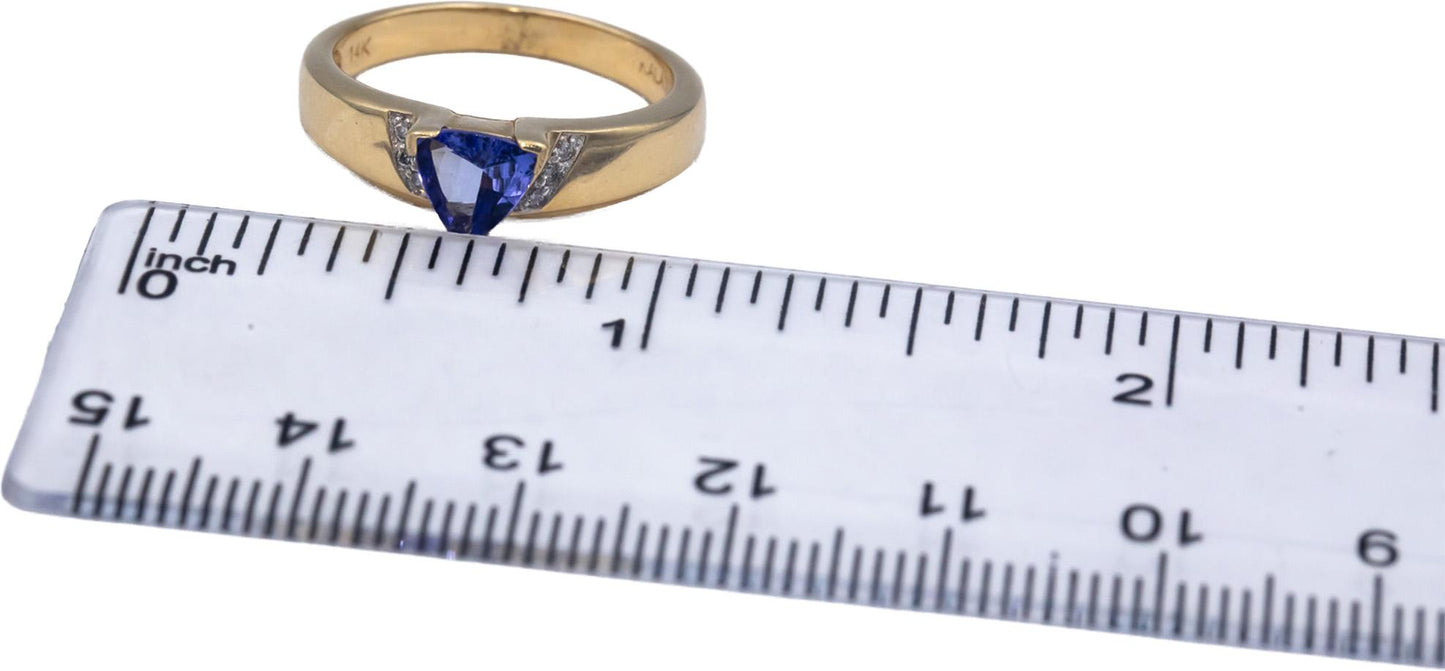 Designer 14k Yellow Gold Round Diamond Trillion Tanzanite Ring 0.54CT Size 6.75