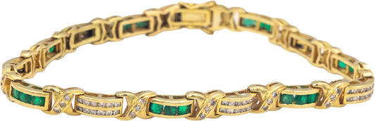 18k Yellow Gold Round Diamond and Emerald Fancy Link Bracelet 2.10CT