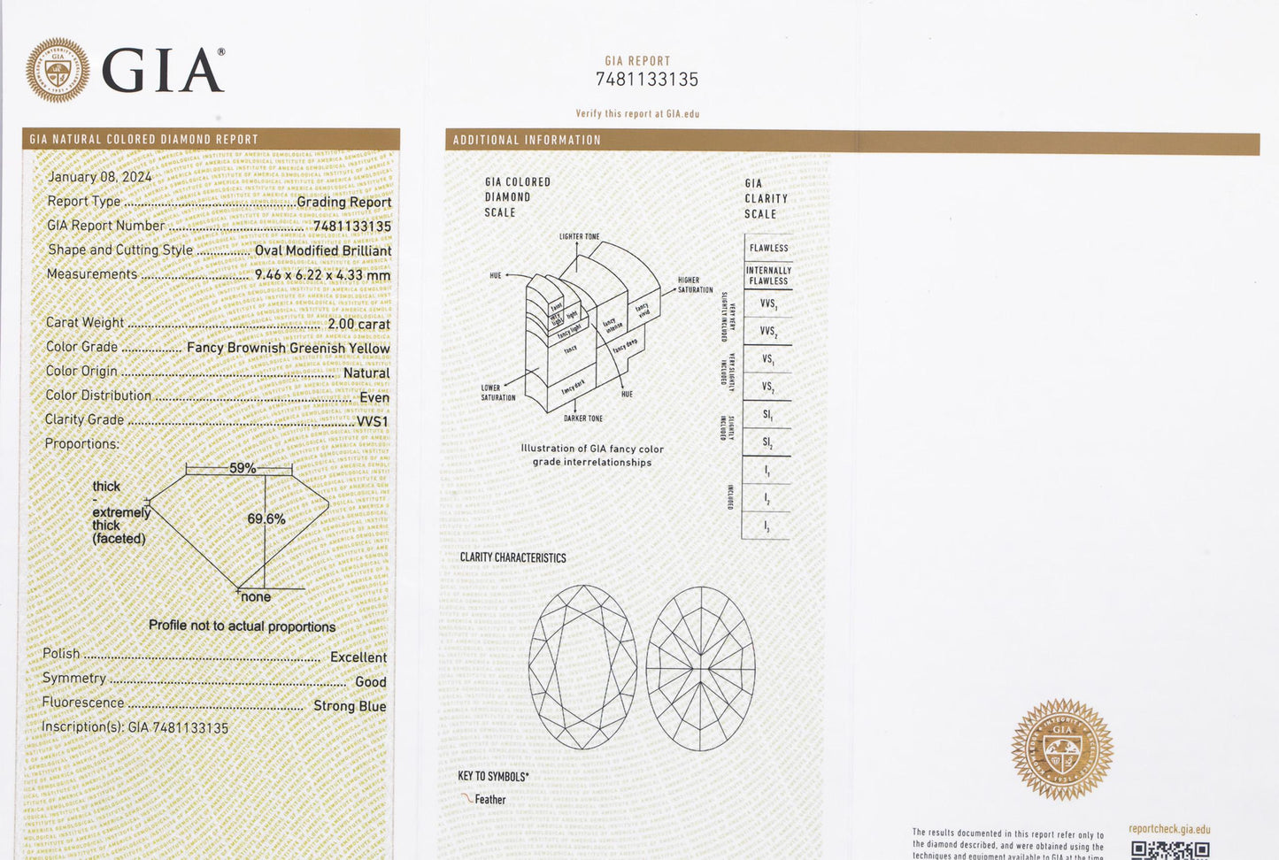 GIA 14k Gold VVS1/Fancy Yellow Bezel Set Oval Diamond Pendant Necklace 2.0CT