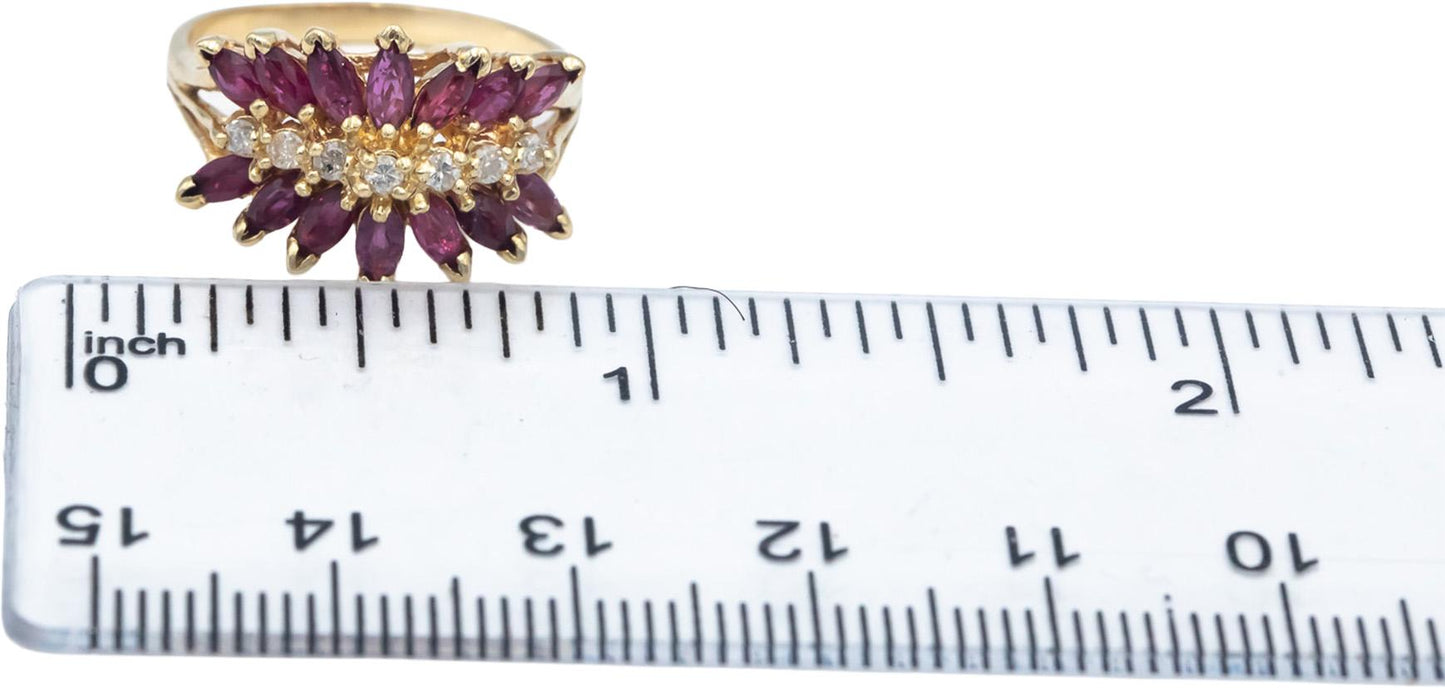 14k Yellow Gold Ruby and Diamond Cluster Cocktail Ring 1.15CT Size 7