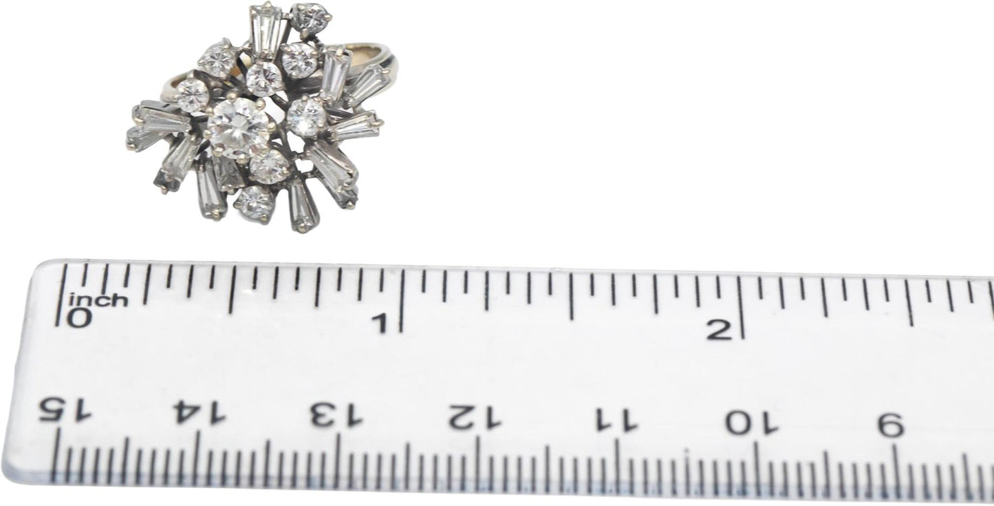 Vintage 18k White Gold VS Round & Baguette Diamond Cocktail Ring 1.50CT Size 6
