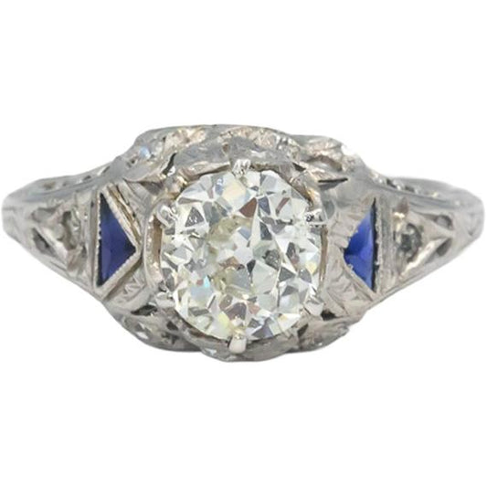 Vintage Platinum Diamond Synthetic Sapphire Filigree Ring 1.20CT w/ 1.0CT Center
