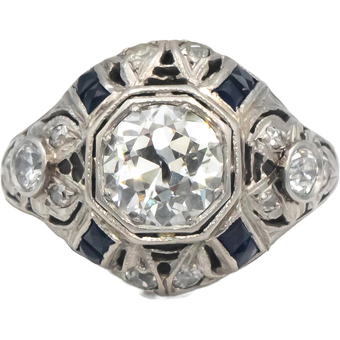 Vintage Antique Platinum Diamond Synthetic Sapphire Filigree Ring 1.65CT Size 5