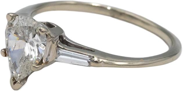14k White Gold Pear & Baguette Cut Diamond Engagement Ring 0.89CT Size 6