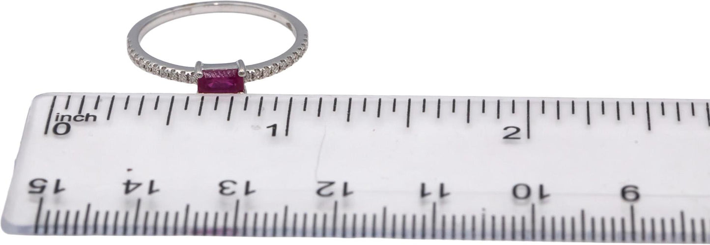 18k White Gold Emerald Cut Ruby Round Diamond Band Ring 0.45CT Size 7