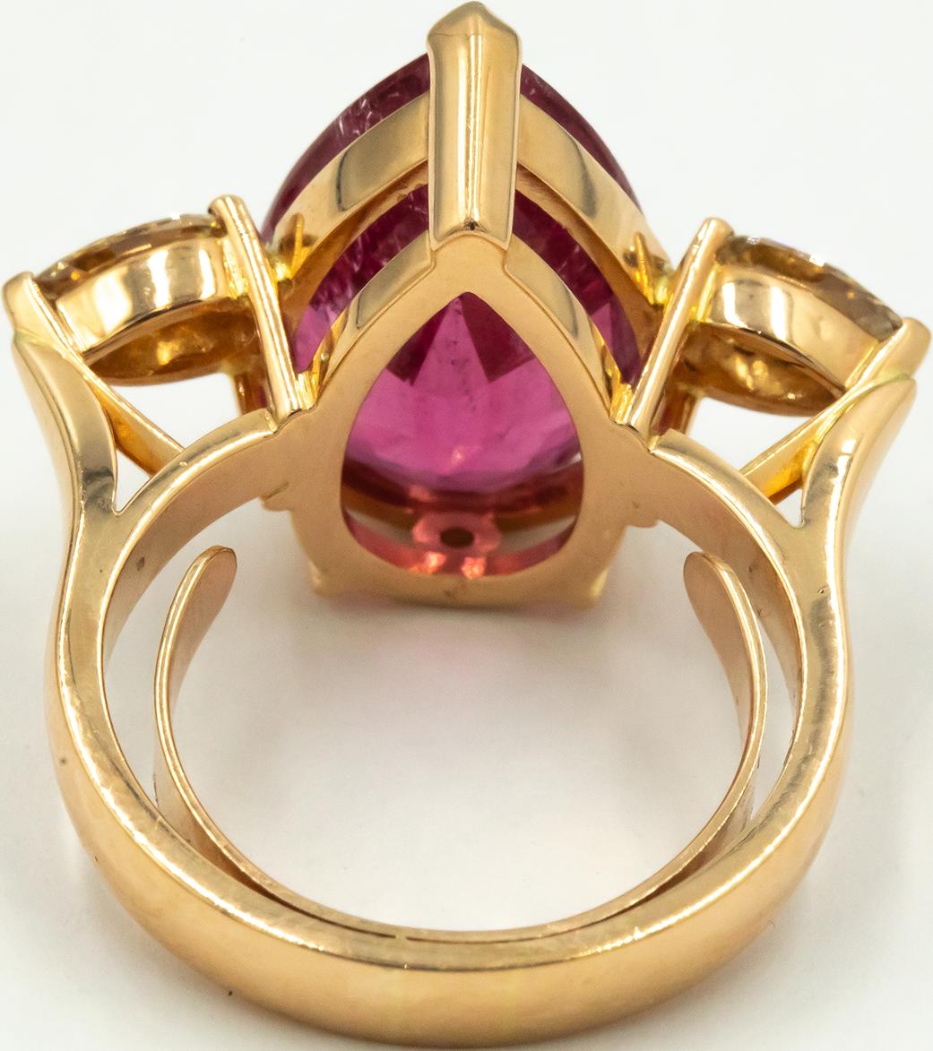 14K Yellow Gold Rubellite and Diamond Pear Shape 3 Stone Ring 8.90CT Size 6.5