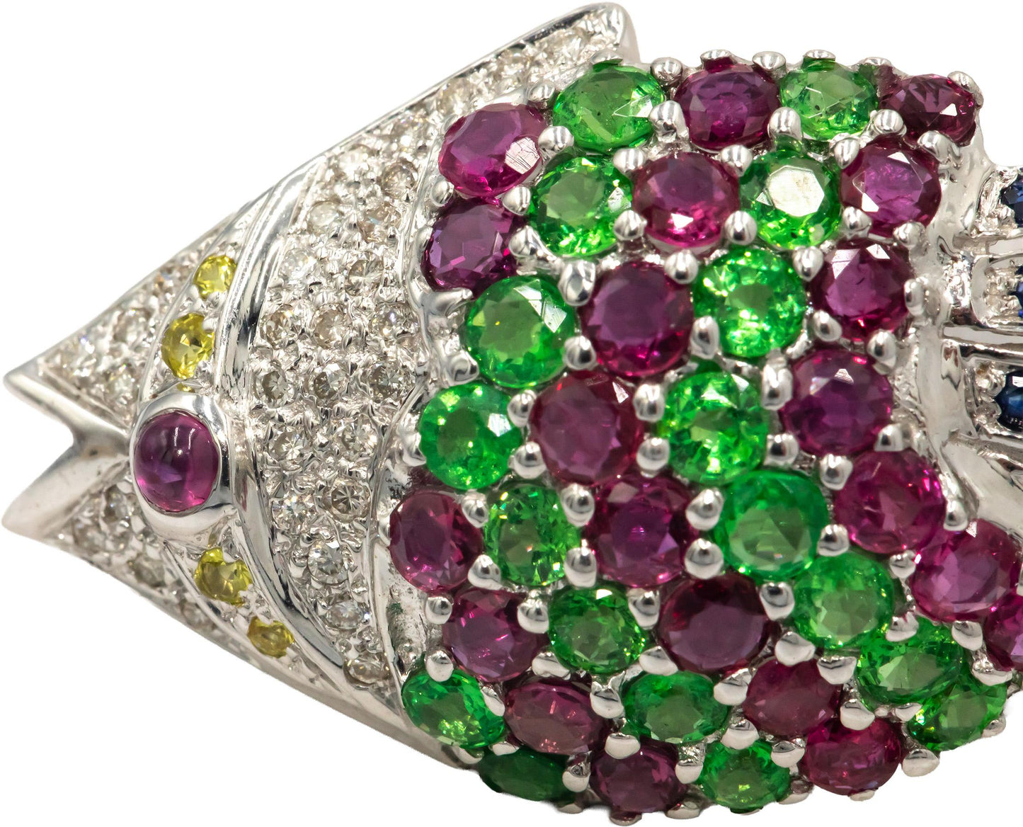 18k White Gold 4.70CT Diamond Ruby Sapphire Tropical Fish Brooch