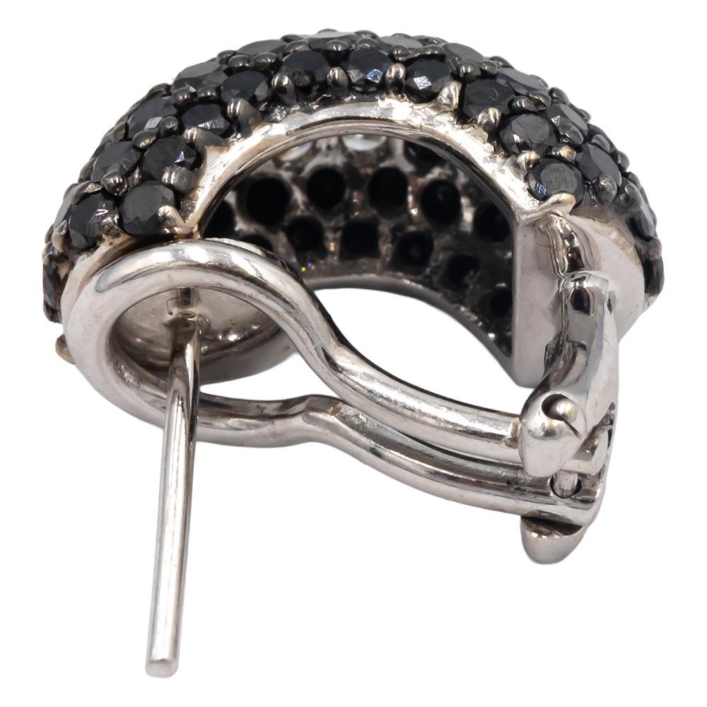 18k White Gold 4.45CT White and Black Diamond Cluster Curved Huggie Earrings