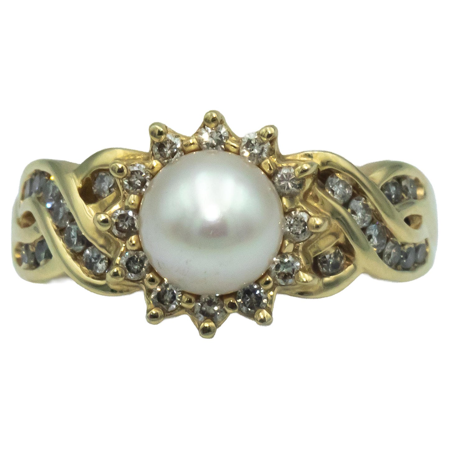 14k Yellow Gold 0.40CT Diamond and 7mm Pearl Cocktail Ring Size 7