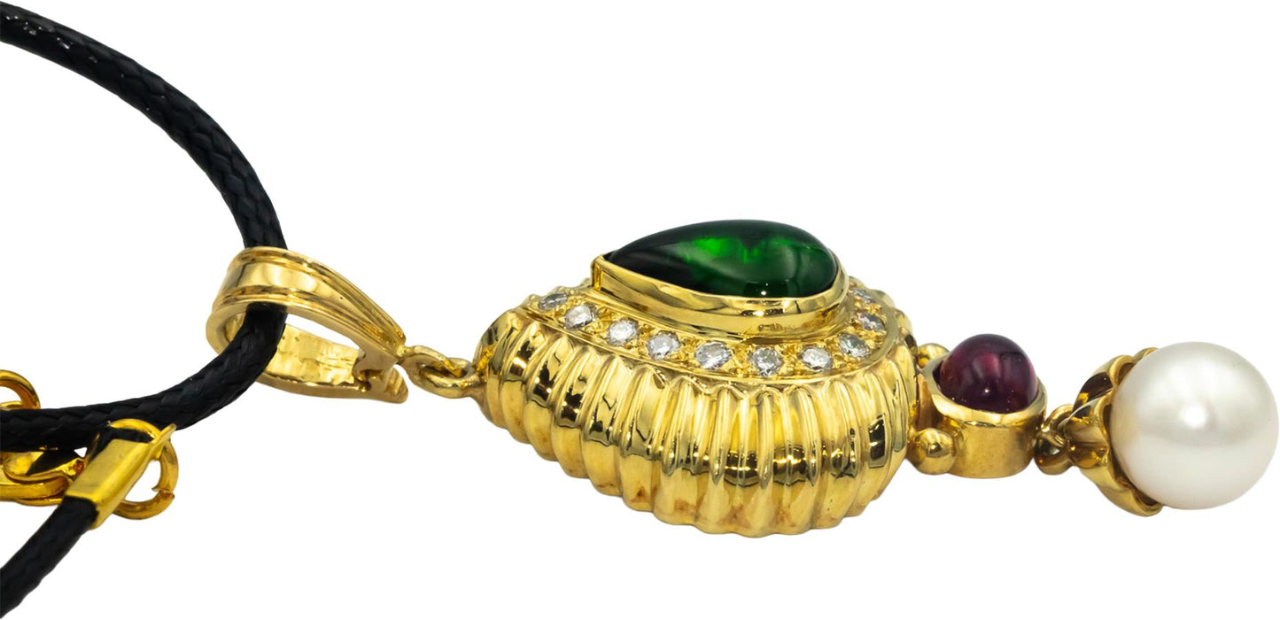 18k Yellow Gold 0.33CT Diamond Tourmaline 8.3mm Pearl Pendant Necklace