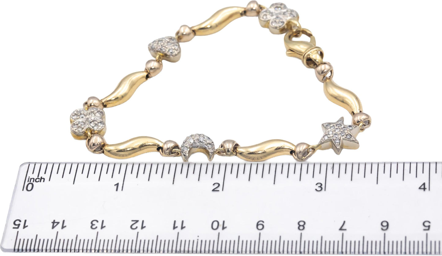 14k Yellow Gold 0.50CT Round Cut Diamond Mixed Themes Link Bracelet