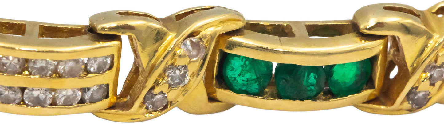 18k Yellow Gold Round Diamond and Emerald Fancy Link Bracelet 2.10CT
