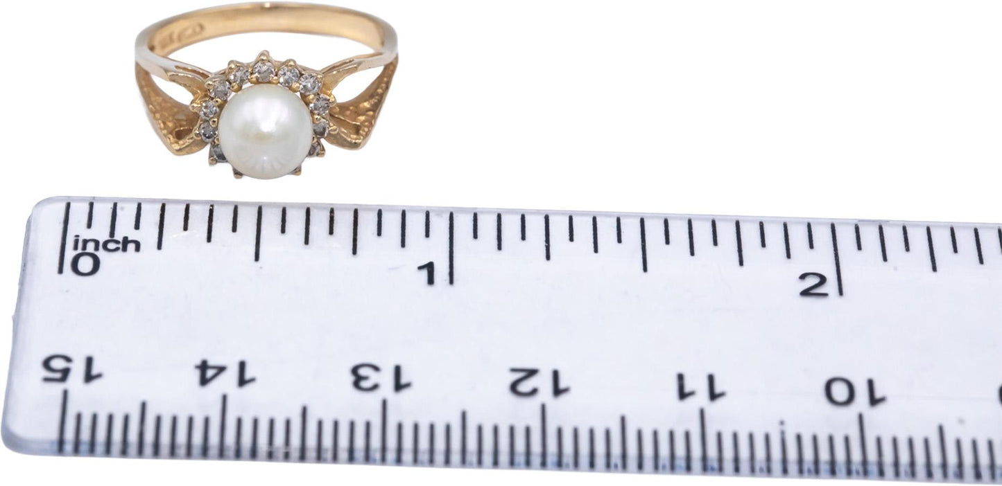 14k Yellow Gold Round Diamond & 6.5mm Pearl Cocktail Ring 0.20CT Size 5.75