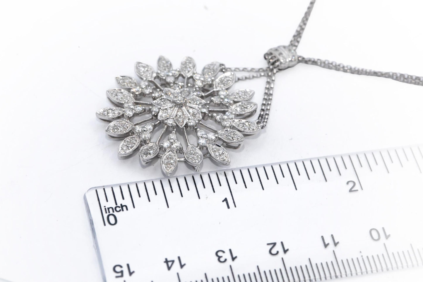 Round Diamond 14k White Gold Floral Pendant Double Chain Necklace 1.0CT