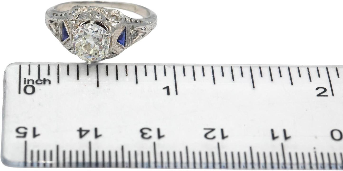 Vintage Platinum Diamond Synthetic Sapphire Filigree Ring 1.20CT w/ 1.0CT Center