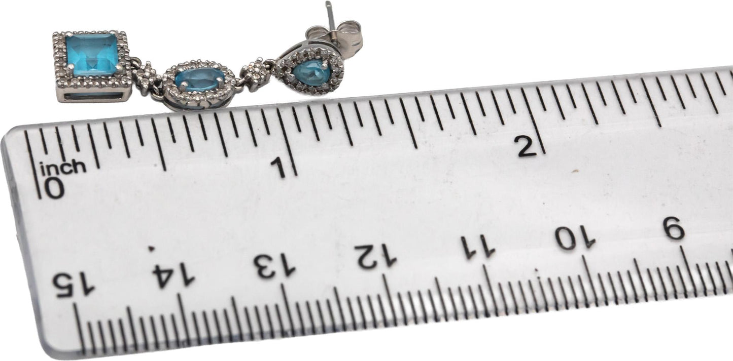 14k White Gold Blue Topaz & Diamond Drop Dangle Earrings 2.80CT