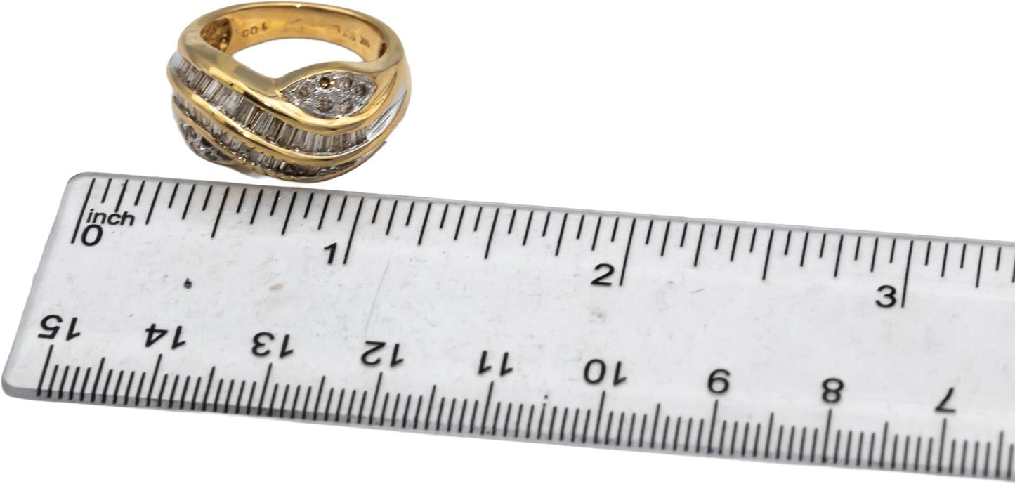 14k Yellow White Gold Round and Baguette Cut Diamond Cocktail Ring 1.0CT Size 7