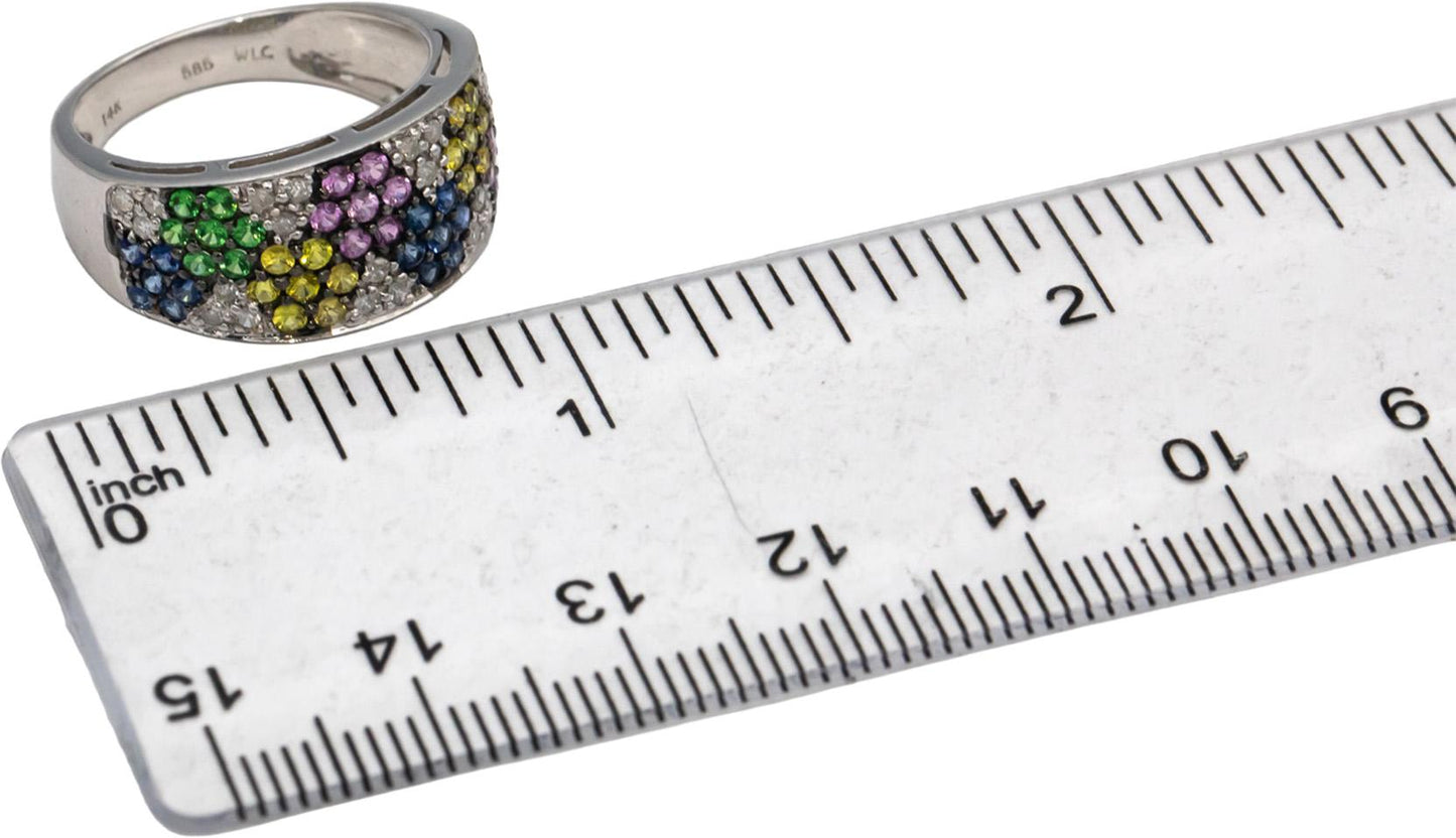 14k White Gold Rainbow Sapphire and Diamond Cluster Band Ring 1.0CT Size 7.25