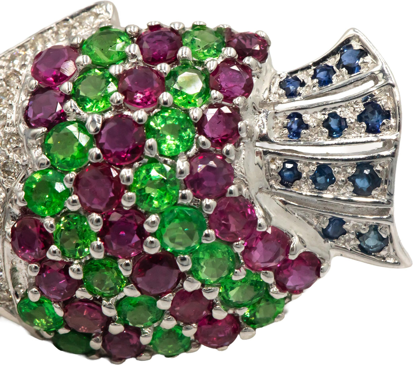 18k White Gold 4.70CT Diamond Ruby Sapphire Tropical Fish Brooch