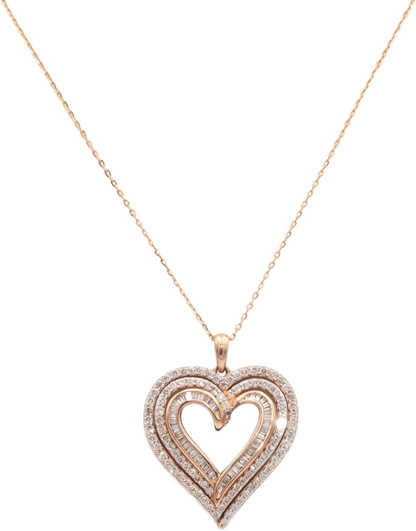 10k Rose Gold 1.0CT Diamond Open Heart Pendant Chain Necklace